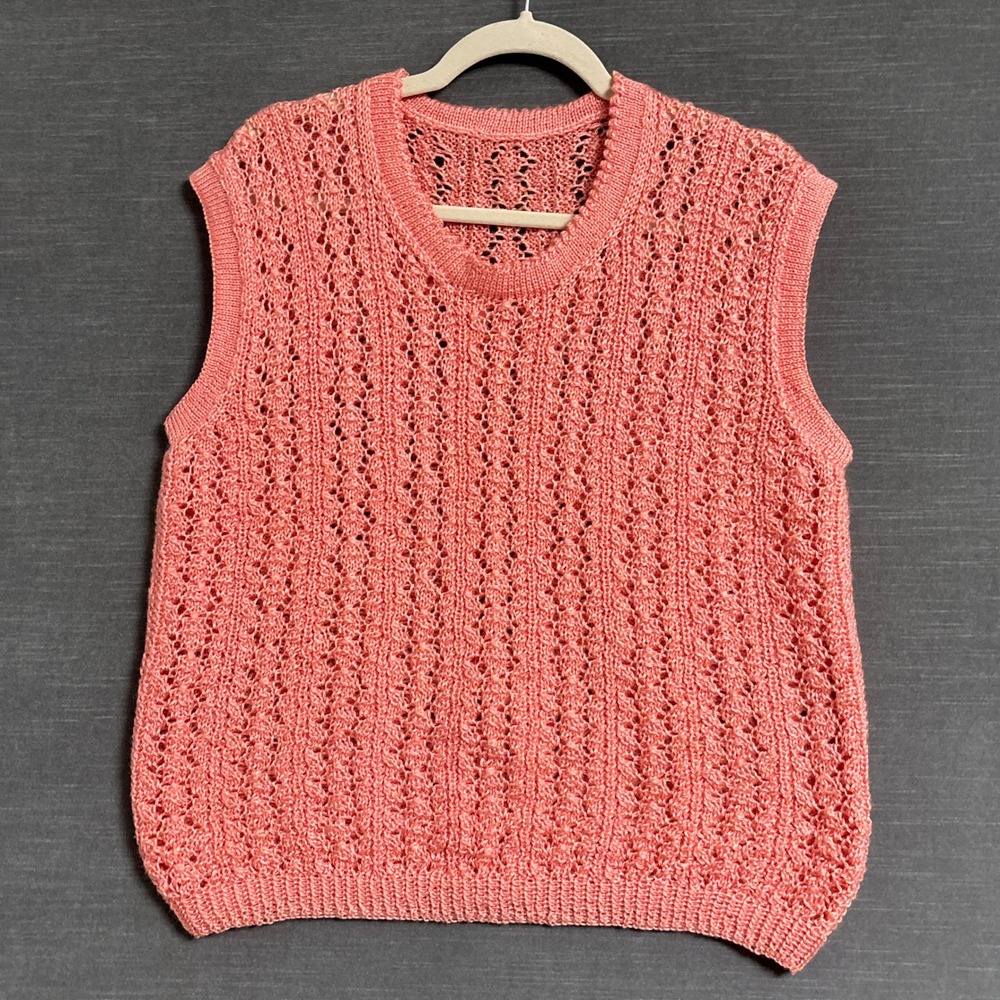 Handknit Sweater Vest M Pink Coral Pointelle Knit Sleeveless Boho Colorful Layer